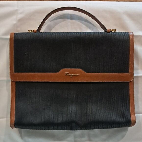 Vintage Salvatore Ferragamo Black and Brown Leather Portfolio Bag - Picture 1 of 10